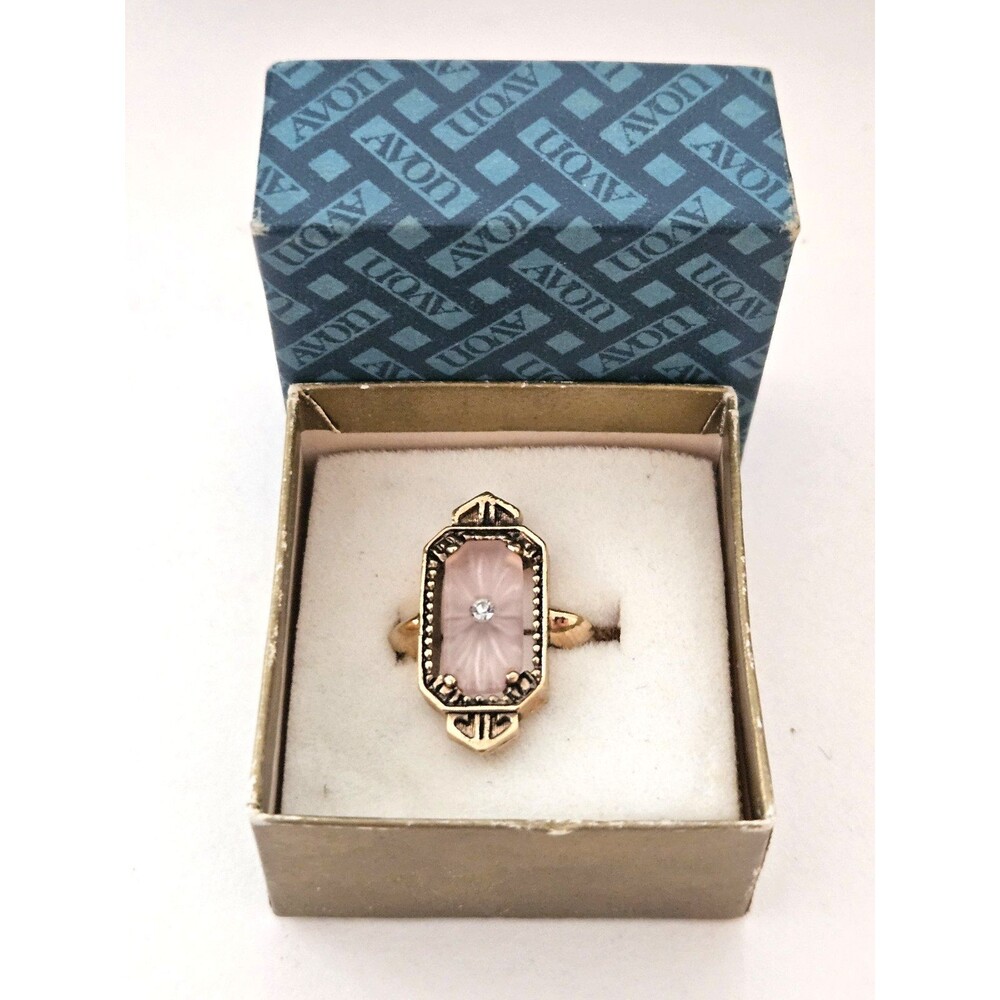 Vintage 1977 AVON Frostlights Pink Camphor Glass Art Deco Sunburst Ring Sz 5.25